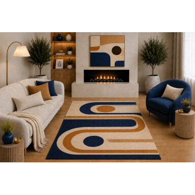 "Ultra Lightweight" 5'x7' Mid Century Modern Area Rug Navy Blue Rust Beige Abstract Curved Circle Design for Living Room Bedroom Dining Room Non-Slip Silicone Backing Low Pile
