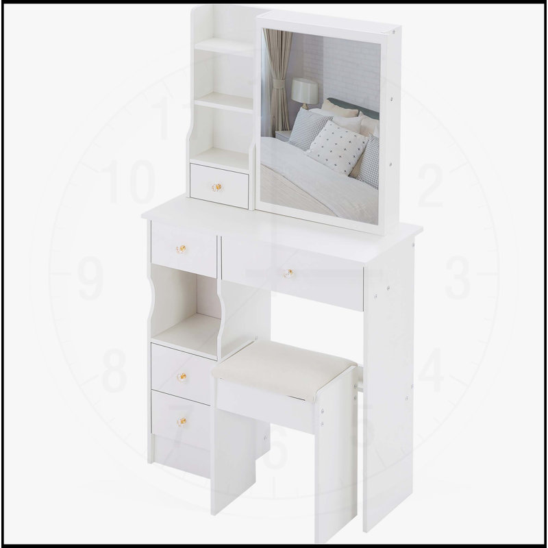Ensemble de coiffeuse compact et pratique avec tabouret rembourré et plusieurs couches de rangement pour les petits espaces