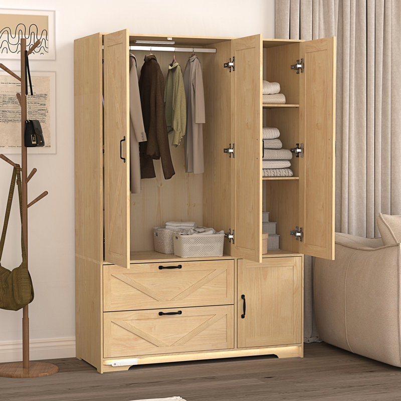 Armoire 4 portes avec miroir, armoire à DEL avec portes et 2 tiroirs, Naturel