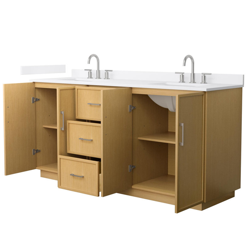 Ensemble de meuble-lavabo double 72 po avec patins en chêne clair Elan, comptoir en marbre de culture blanc, lavabos carrés encastrés (3 trous), garniture en nickel brossé