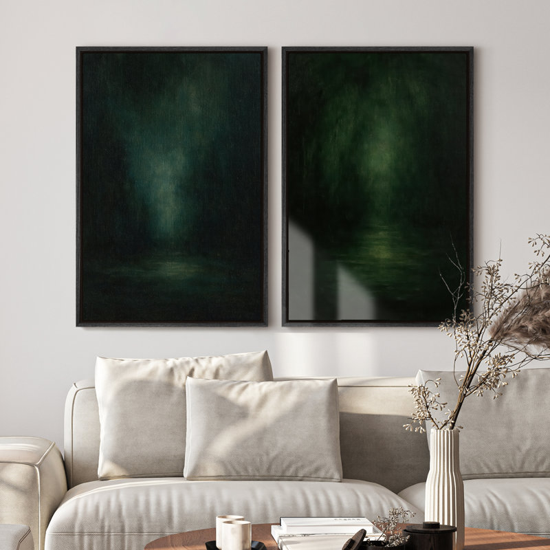 Framed Canvas Wall Art - Dark Green Abstract Atmospheric Wall Prints for Bedroom - 16"x24"x2pcs, Black, 24" H x 16" W