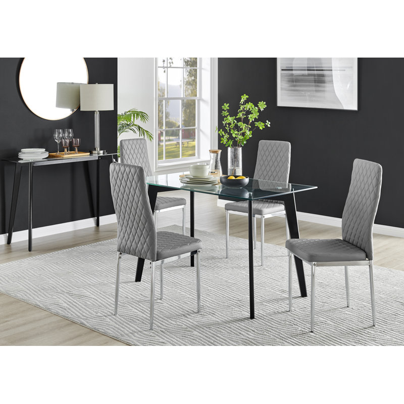 Scandinavian Dining Table Set - Minimalist Style Glass and Metal Leg with 4 Luxury Dining Chairs, Grey/Silver, Black