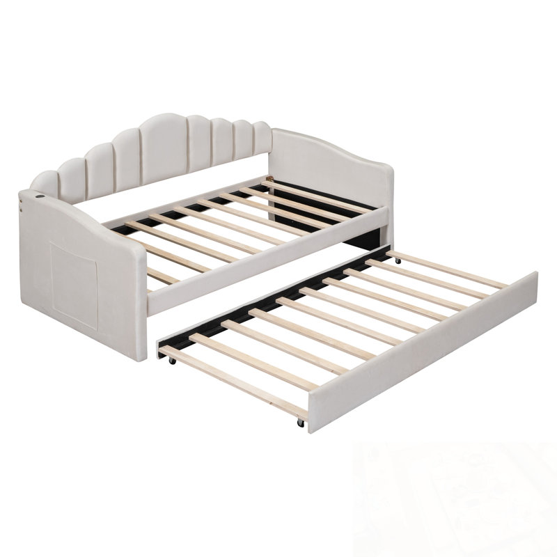 Twin Size Velvet Upholstered Daybed With Trundle And USB Charging Ports, Beige