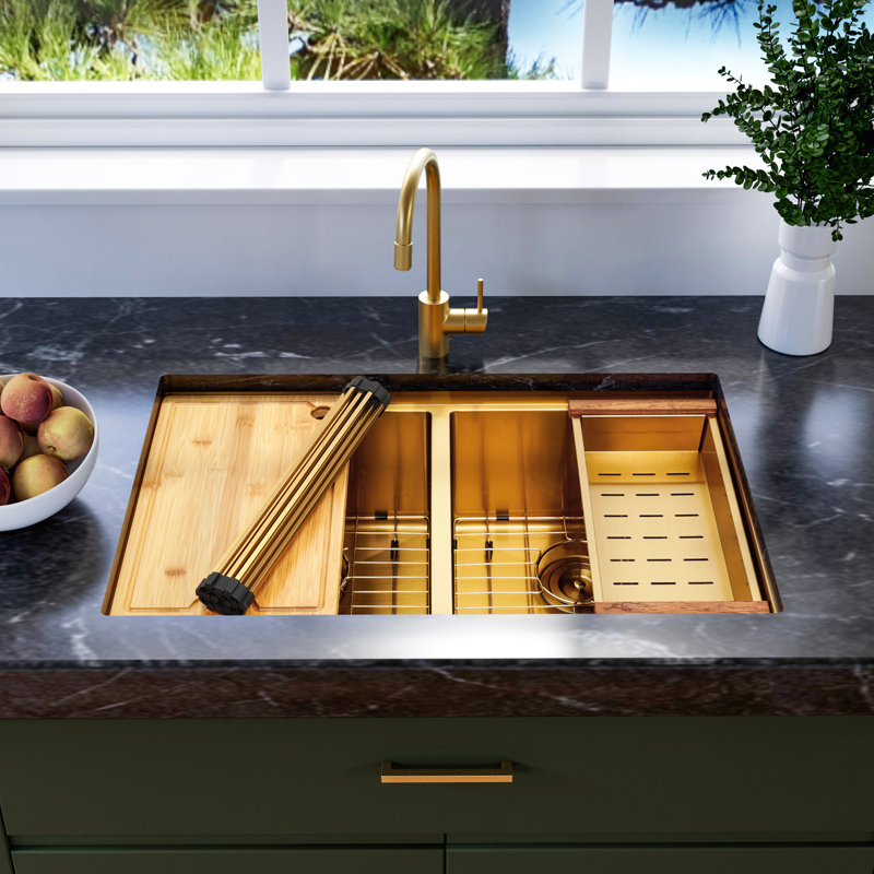 32'' Double Bowl Stainless Steel Undermount Workstation Kitchen Sink, Gold