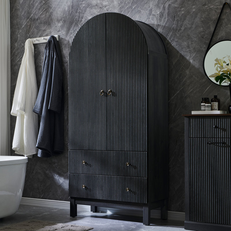  Armoire de rangement 71 po pour salle de bain moderne, arquée, avec 4 tablettes et 2 tiroirs, Gris