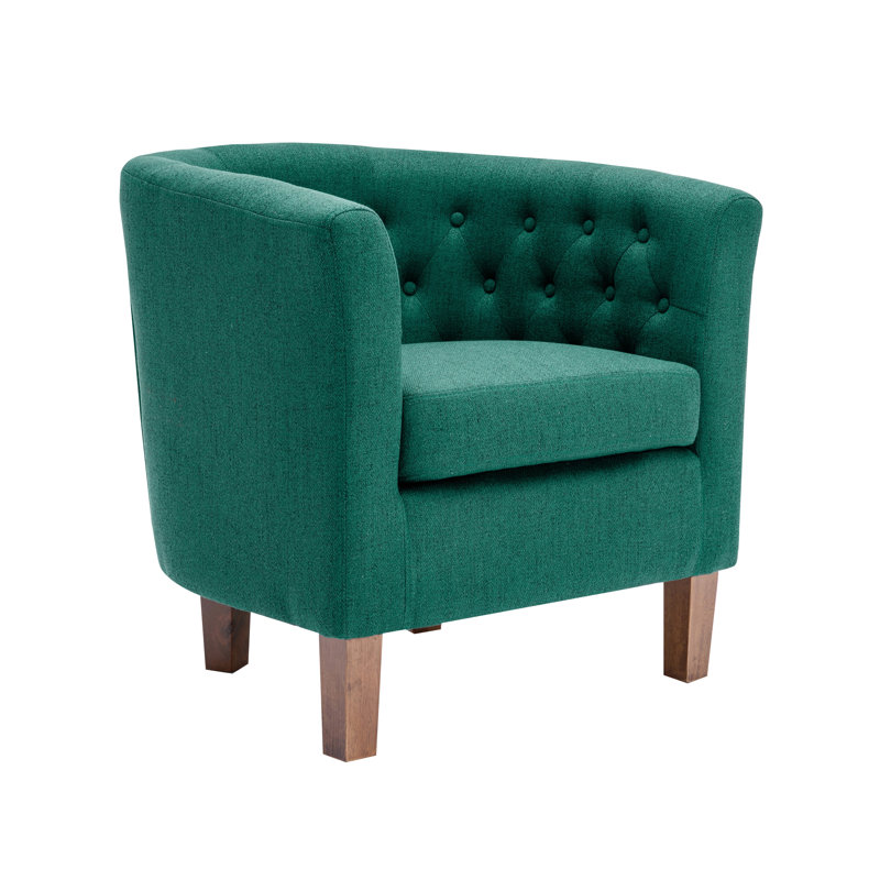 Fabric Barrel Accent Chair with Rubberwood Legs, Green Polyester Blend