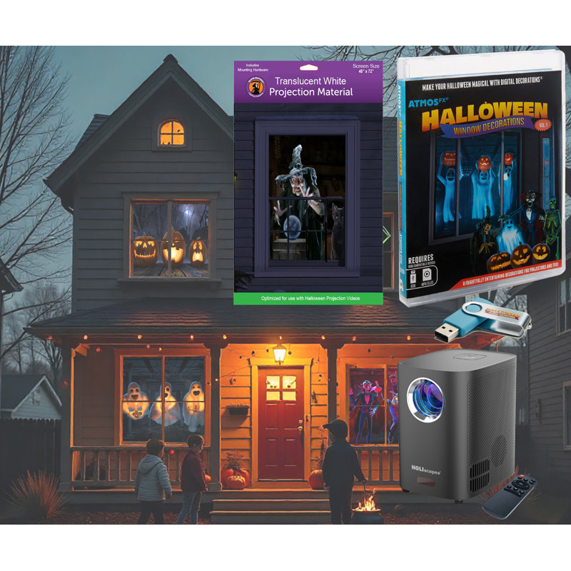 La trousse de projecteur Halloween Vol 1 comprend 8 effets vidéo sur USB + projecteur + écran de projection de 48 po x 72 po
