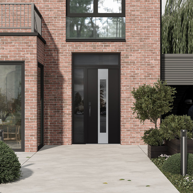 Porte d'entrée avant à panneau en acier argenté avec panneau latéral droit Diamond A., Miroitant, L 50 po x H 96 po, Noir