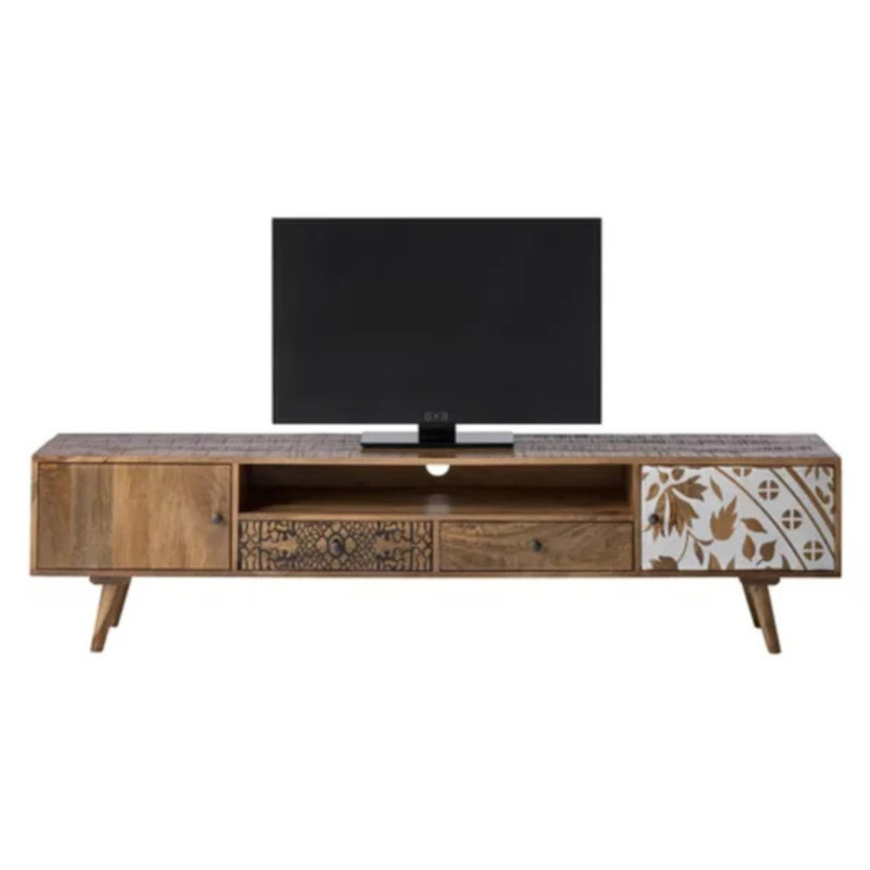 Meuble télé Sofia 75 pouces en bois de manguier massif avec tiroirs, armoires de rangement et tablette ouverte