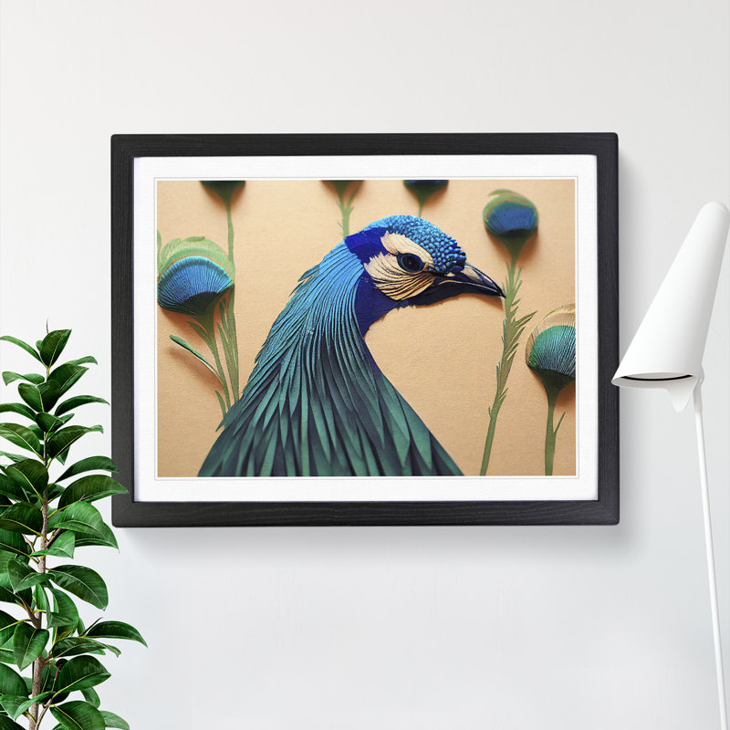 Outstanding Peacock - Single Picture Frame Print, Black, 46cm H x 64cm W x 2cm D