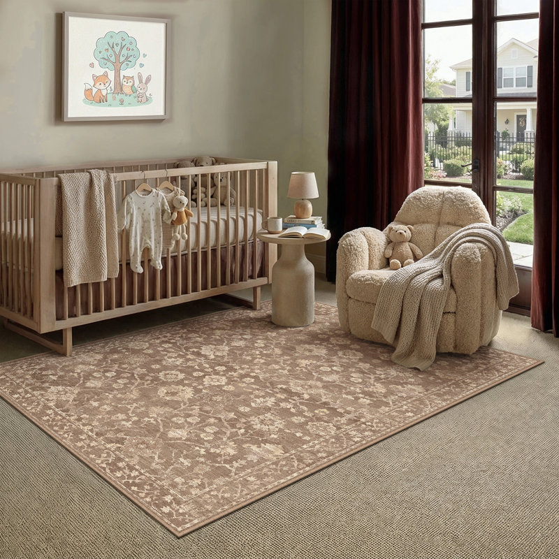 Tapis lavable à motif floral rétro Avella avec envers antidérapant, Brun, Rectangle 60 po x 36 po