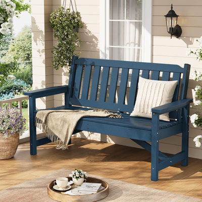 Banc d'extérieur en PEHD, banc de jardin résistant aux intempéries pour 2 personnes avec design à lattes, idéal pour le patio, le porche, la pelouse et le bord de la piscine, bleu marine