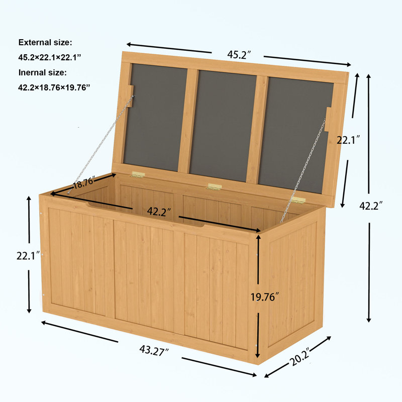 Boîte de rangement en bois massif 67 gallons avec plateau et plateau de table en bois massif pour coussins de meubles de patio, jouets de piscine et outils de jardin (brun clair)