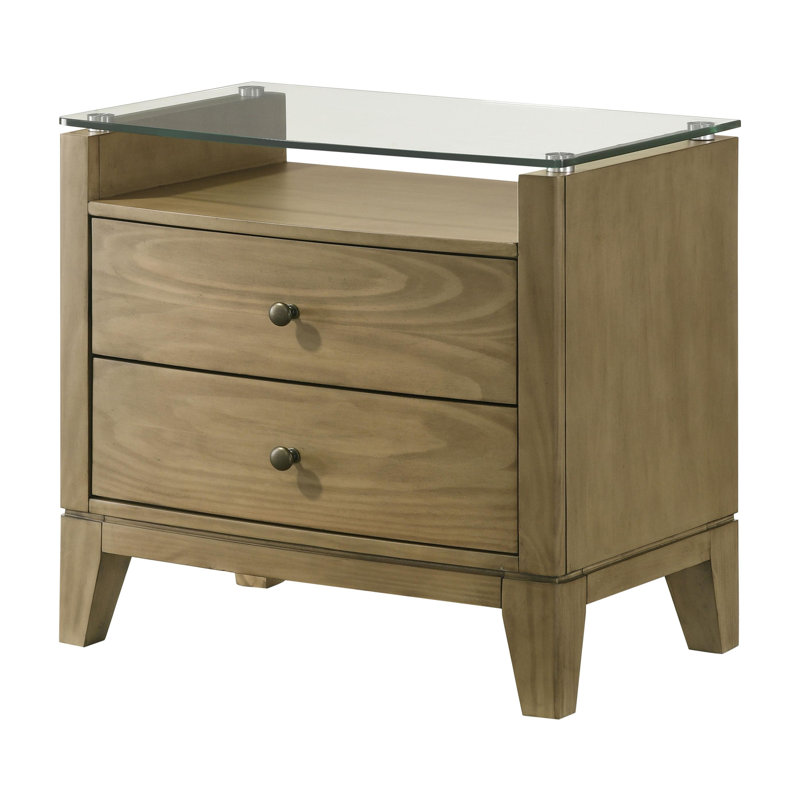 2-Drawer Glass Top Nightstand Natural Pine
