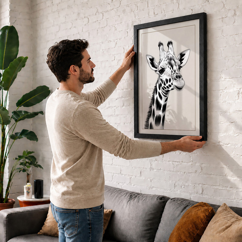 Giraffe in Ink Japandi - Framed Print, Oak, A4 - 29.7 x 21.0 cm