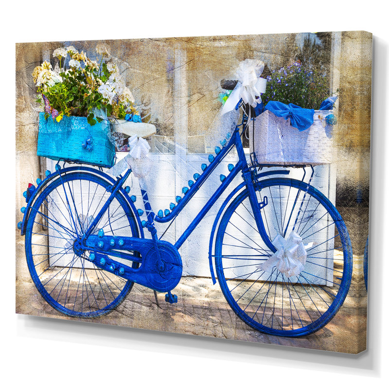Vélo rétro bleu avec fleurs - Impression sur toile, H 16 po x l 32 po, Toile tendue