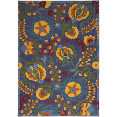 5' X 7' Blue And Yellow Floral Power Loom Area Rug