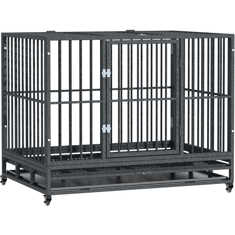 Chenil en métal gris avec roues verrouillables, porte double, plateau amovible pour cage de grande race