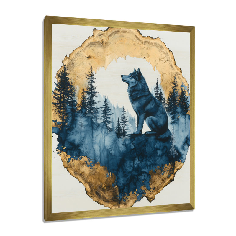 Gradys, loup doré dans un paysage de forêt bleue II - loup, impression d'art mural, H 20 po x l 12 po, Doré