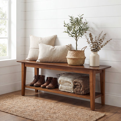 Banc de rangement pour chaussures en bois massif de 55 po avec tablette, étagère à chaussures en noyer rustique pour couloir, vestibule, salon,