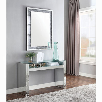 Nysa Glam Mirrored & Faux Crystals Glass Top Sofa Table With Shelf Storage