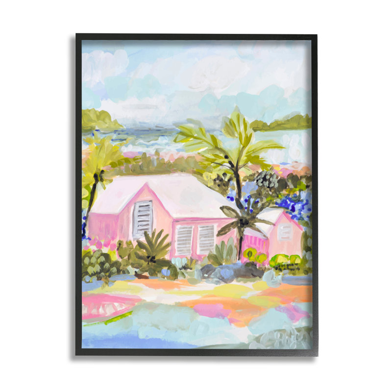 «Pink Tropical Cottage» par Karen Fields, Giclée encadrée noir minuit, H 20 po x l 16 po x P 1,5 po