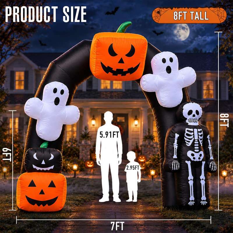 Arche gonflable d'Halloween Sewinfla de 2,4 m avec lumière DEL intégrée, citrouille et fantôme, entrée d'arche gonflable d'Halloween avec souffleur, installation facile, idéale pour la décoration intérieure, extérieure, de jardin et de pelouse.