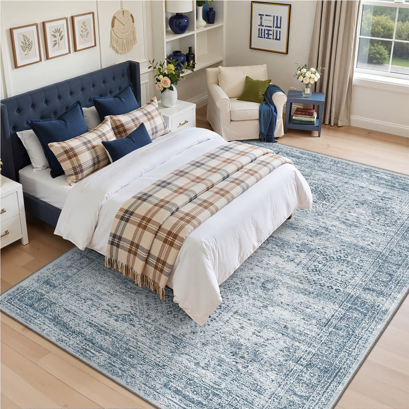 Tapis persan lavable délavé, Rectangulaire 8 pi x 10 pi, Bleu