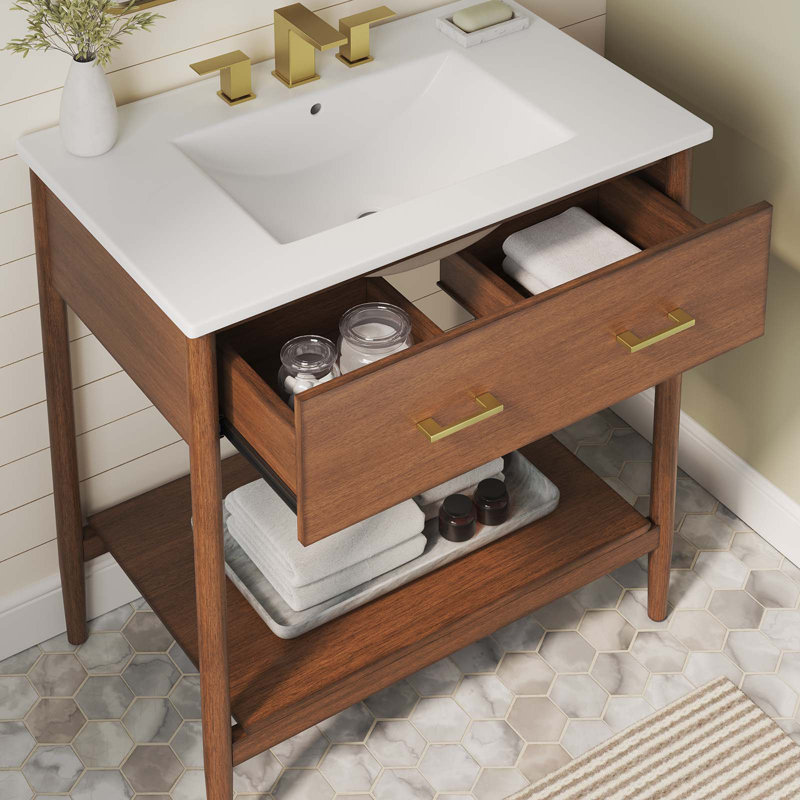 Modway Zaire 30'' Single Bathroom Vanity with Ceramic Top, Walnut, White