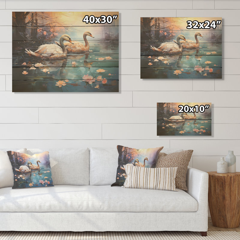 Flamant blanc crépuscule - Art mural en bois flamant sur bois de pin naturel, H 24 po x l 32 po