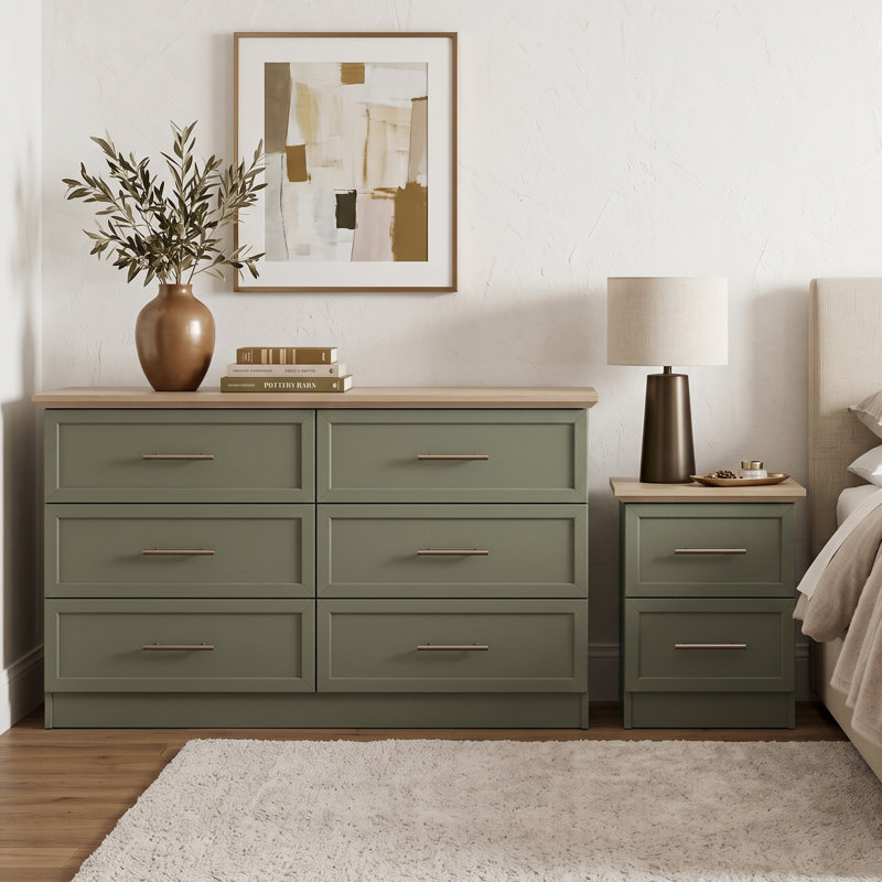 Arata Bedside Table And 6 Drawer Chest Bedroom Set, Kale Green