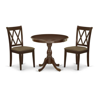 L'ensemble de table de salle à manger 3 pièces comprend 1 table de salle à manger à piédestal et 2 chaises de salle à manger en lin acajou avec double dossier en X - finition acajou