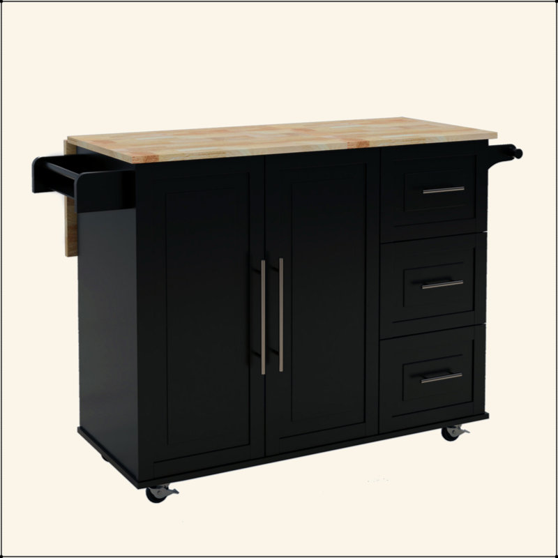 Îlot de cuisine avec support à épices, porte-serviettes et plateau de table en bois massif extensible - noir, Noir