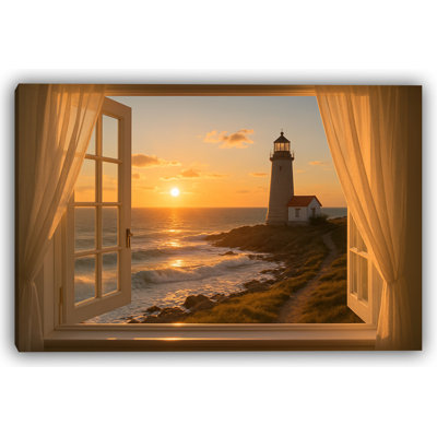«Golden Path to Shore Coastal Lighthouse View - Tranquil Sunset», art mural sur toile tendue