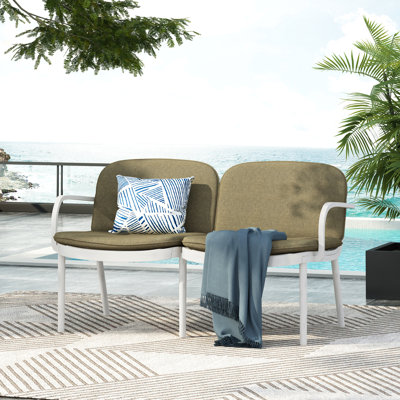 Outdoor Patio PP Loveseat, White Frame With Green Cushion