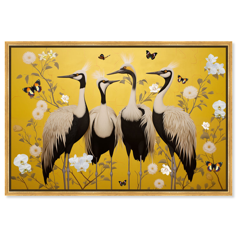 Yellow Crested Cranes Canvas Animals Print by Oliver Gal, 11"H x 16"W, Gold Frame