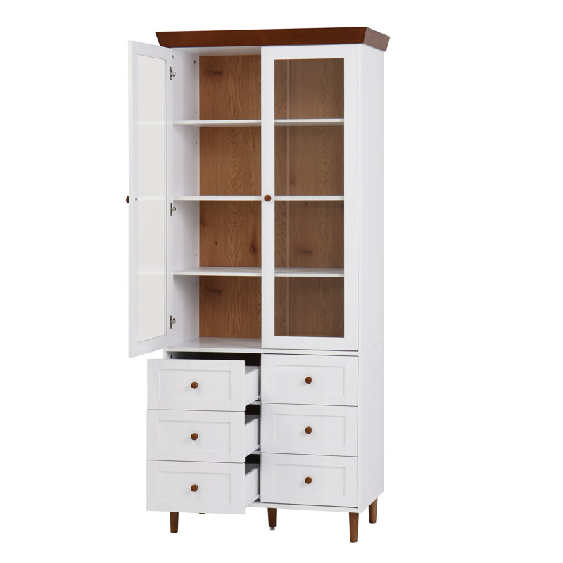 Grand garde-manger avec tablettes réglables - Armoire blanche avec portes triangulaires vitrées et façade rectangulaire