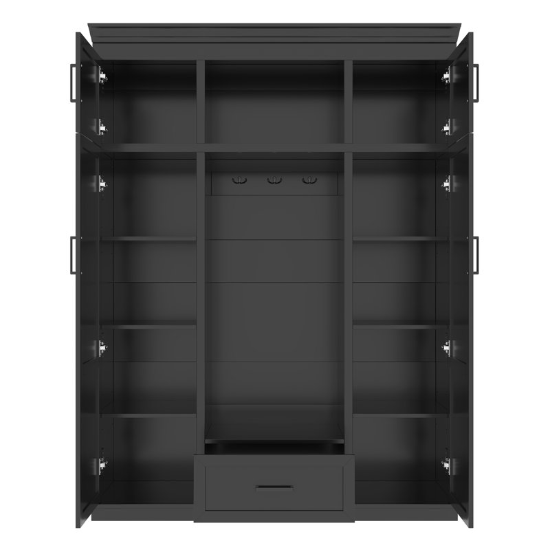 85.2''H Hall Tree With Bench And 3 Hooks, Modern Entryway Storage Organizer Cabinet With 4 Doors, 1 Drawer And Adjustable Shelves For Hallway, Entryway, Living Room