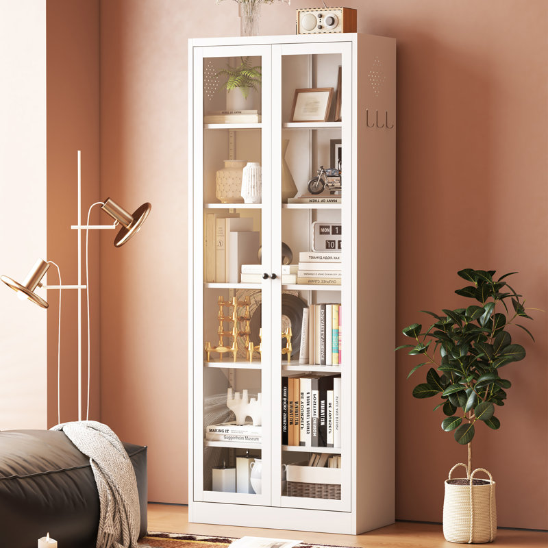 Mikenlee 72” White Metal Multi-Room Storage Cabinet with 2 Full-Length Glass Doors & 5 Adjustable Shelves Multi-Room Organizer for Linens & Office Supplies