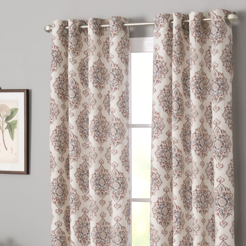 Quintara Polyester / Cotton Light-Filtering Medalion Print Curtain Panel with Grommet Top, 50" W x 63" L, Red/Cream