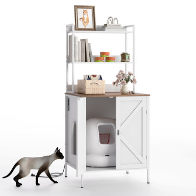70" Large Hidden Cat Litter Box Furniture, Cat Robot Enclosure Cabinet with Shelves, Built-in Power Outlet, Fits Auto Litter Boxes, Modern Self‑Cleaning Litterboxes Furniture White