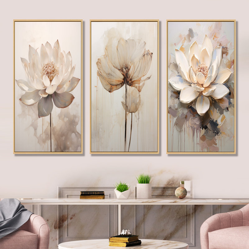Beige Lotus Reflections - lot de 3 impressions d'art mural lotus, Cadre flottant brun, H 32 po x l 48 po