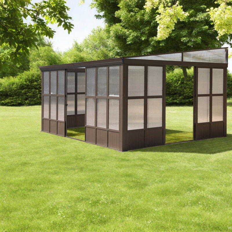 Véranda en aluminium durable, auvents brun foncé et abris de jardin