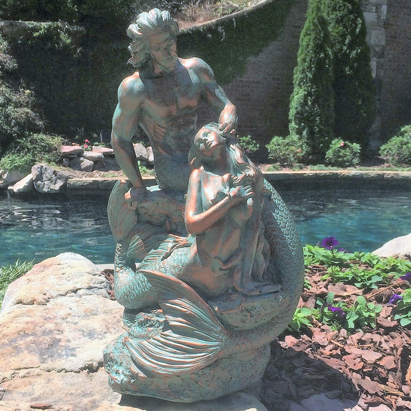 Statue de vie et de sirène sur la plage, Bronze patiné
