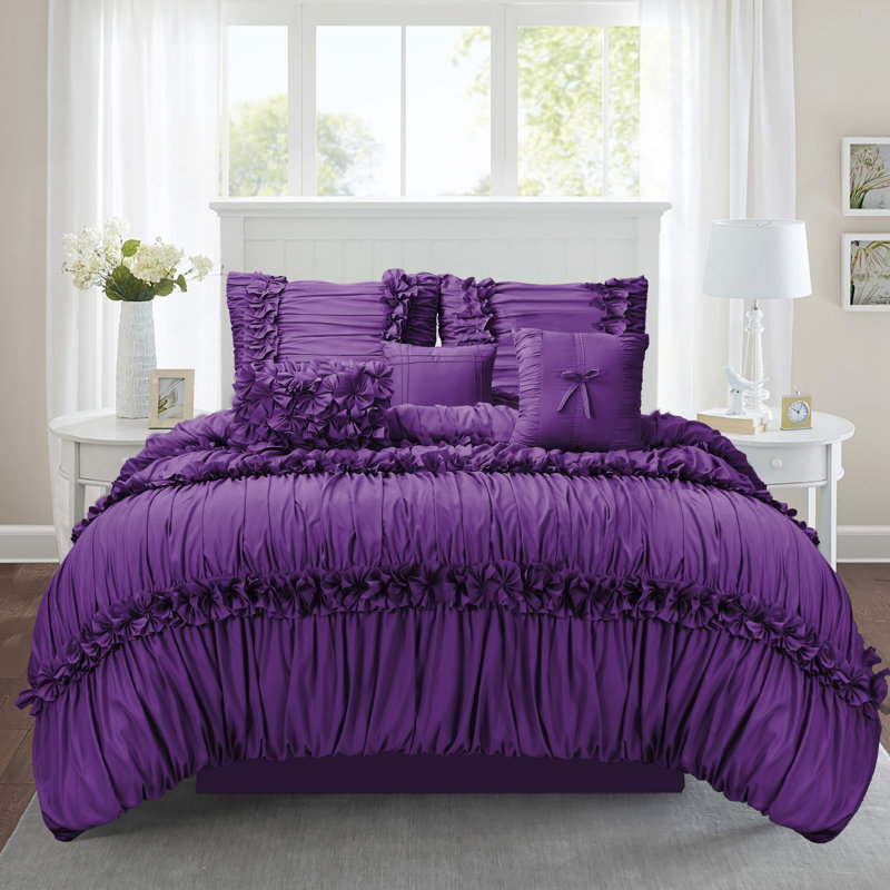 Farmhouse / Country Polyester Comforter, King Comforter + 6 Additional Pieces, Purple
