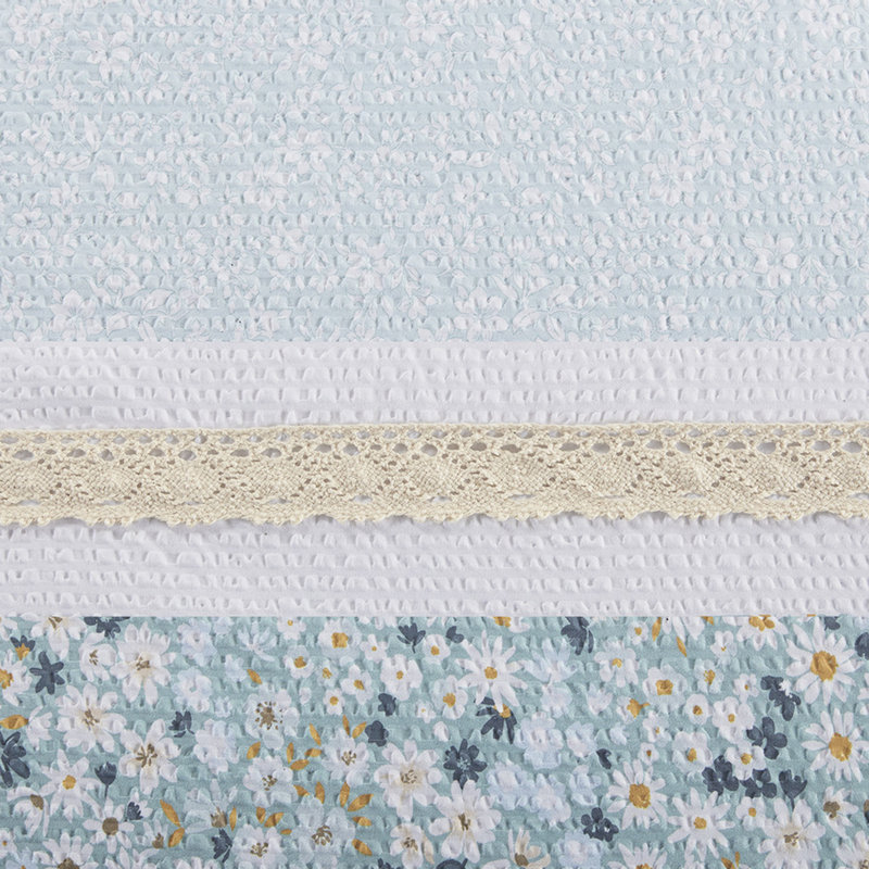 Édredon très grand / très grand avec coussins décoratifs - Motif chic et bleu à motif floral en seersucker 5 pièces pour bourre florale / botanique