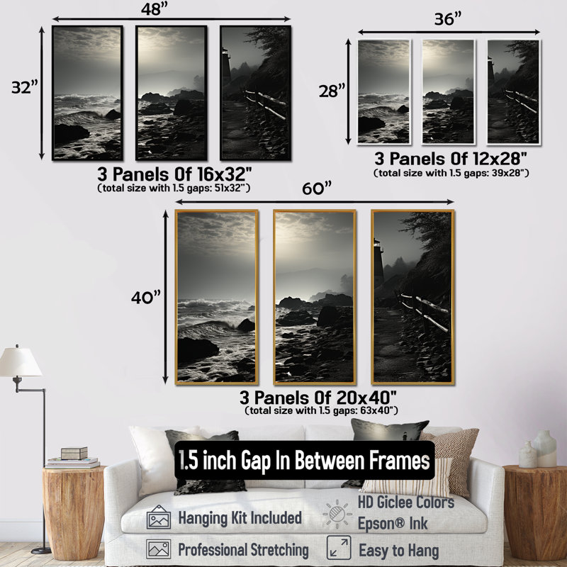 Phare Moody Scenery III - ensemble d'art mural phares, Cadre naturel flottant, H 40 po x l 60 po x P 1 po