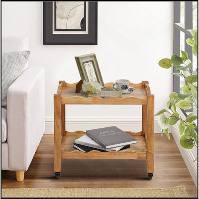 Solid Rubberwood Rolling Side Table, 2-Tier with Lockable Wheels & Removable Tray, Sturdy Durable for Bar Cart, Nightstand, End Table, Sofa Table