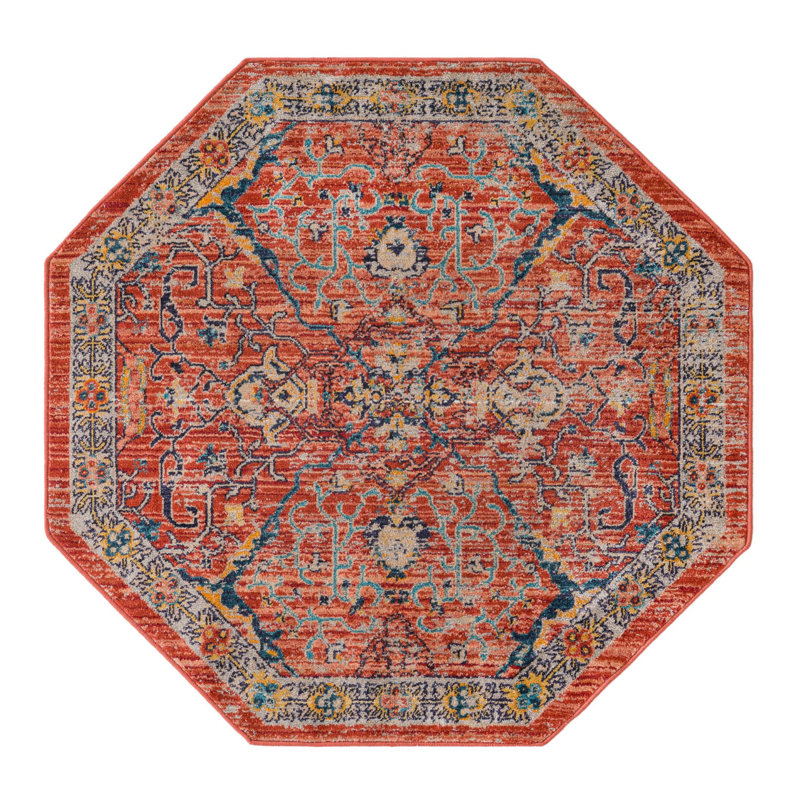 Tapis rouge brique à motif floral Alkire, Octogone 3 pi 11 po x 3 pi 11 po