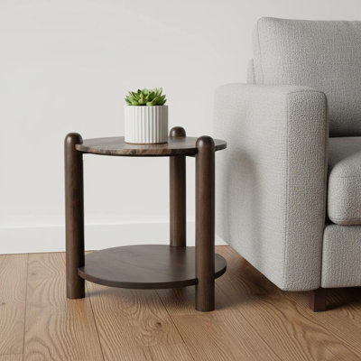 26" Brown Marble And Solid Wood End Table With Shelf
